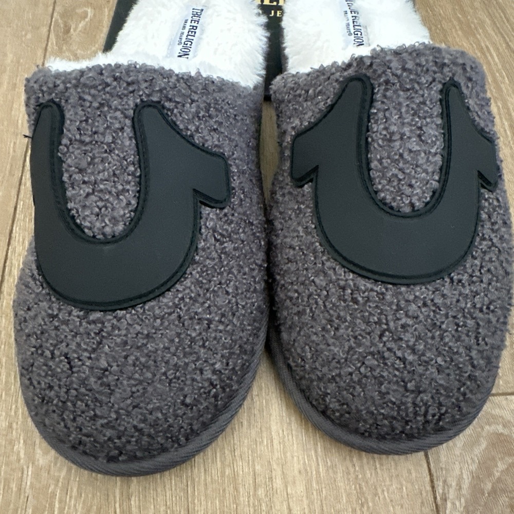 True Religion Men's‎ Polar Performance Grey/black Slip-on Faux Fur Slippers 7-8
